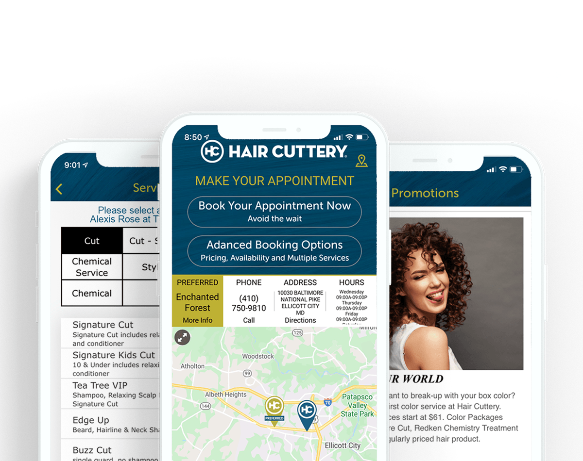 Haircuttery mobile app ahowing make appointment page, home with map page and a promotion page.